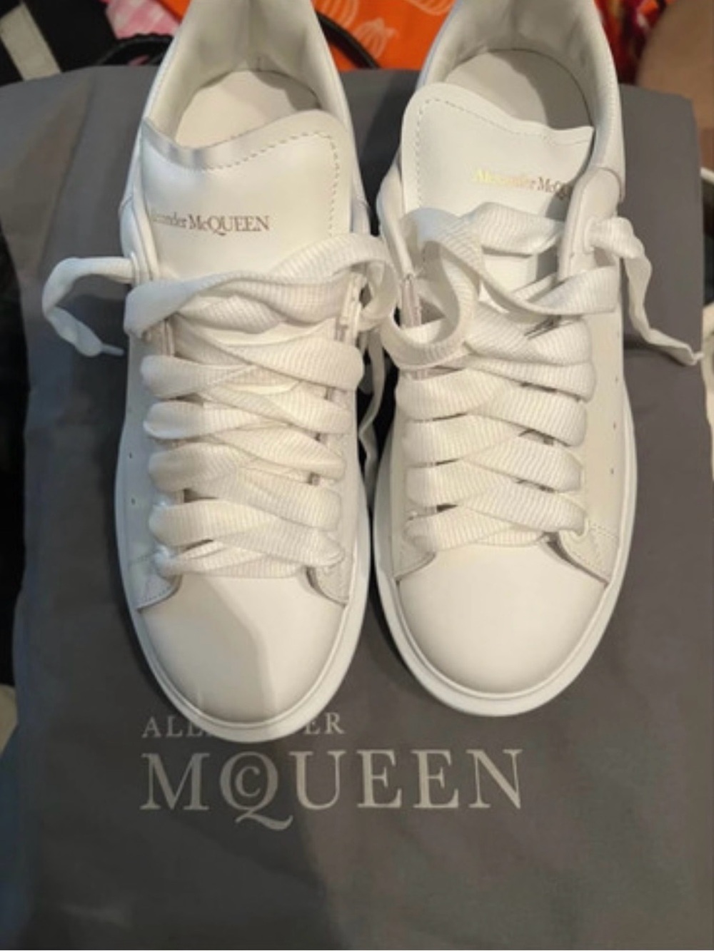 Alexander McQueen White Leather Platform Sneakers with Gold Accents